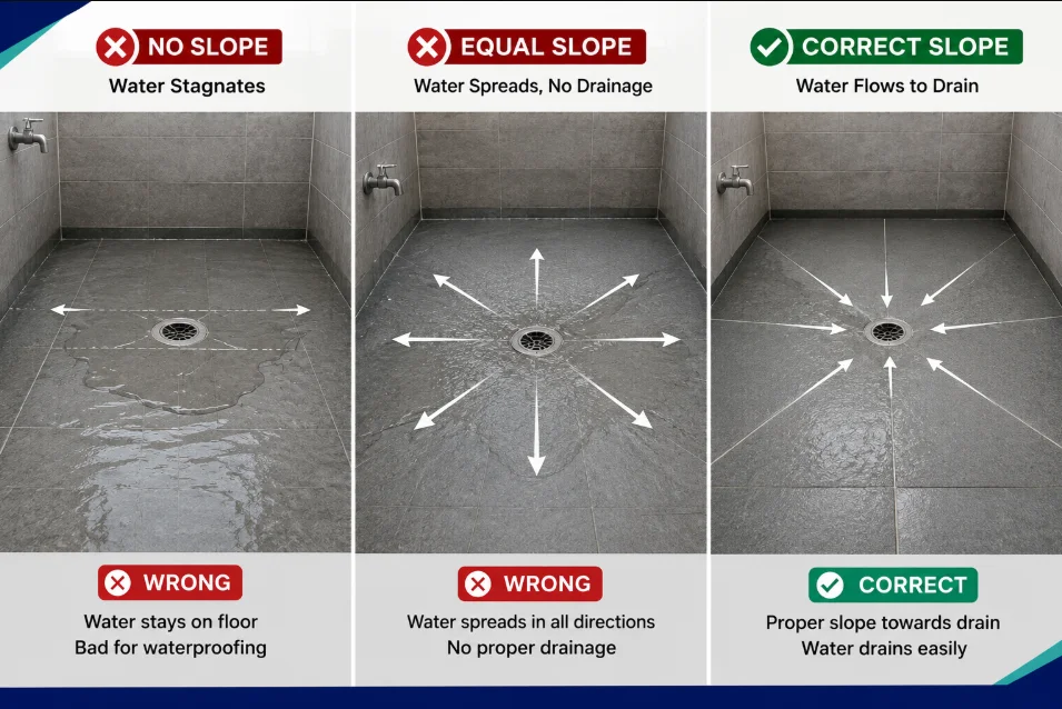 bathroom floor slope test with water flow to drain