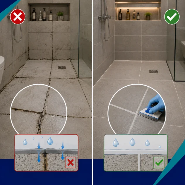 epoxy grout application on bathroom tile joints 