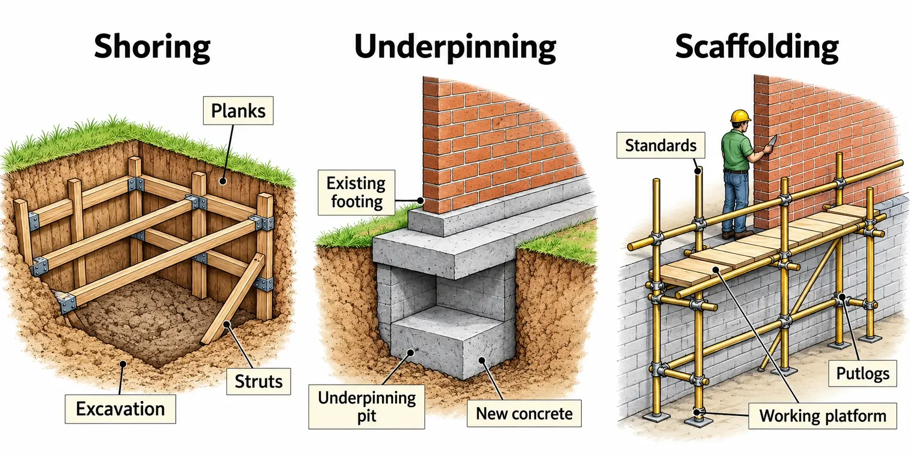 Illustration of safe basement construction practices for existing buildings
